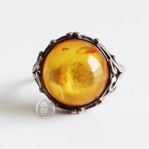 Vintage Ring Amber Sterling Silver Filigree Setting Artisan Round Stone HTF Sz 7
